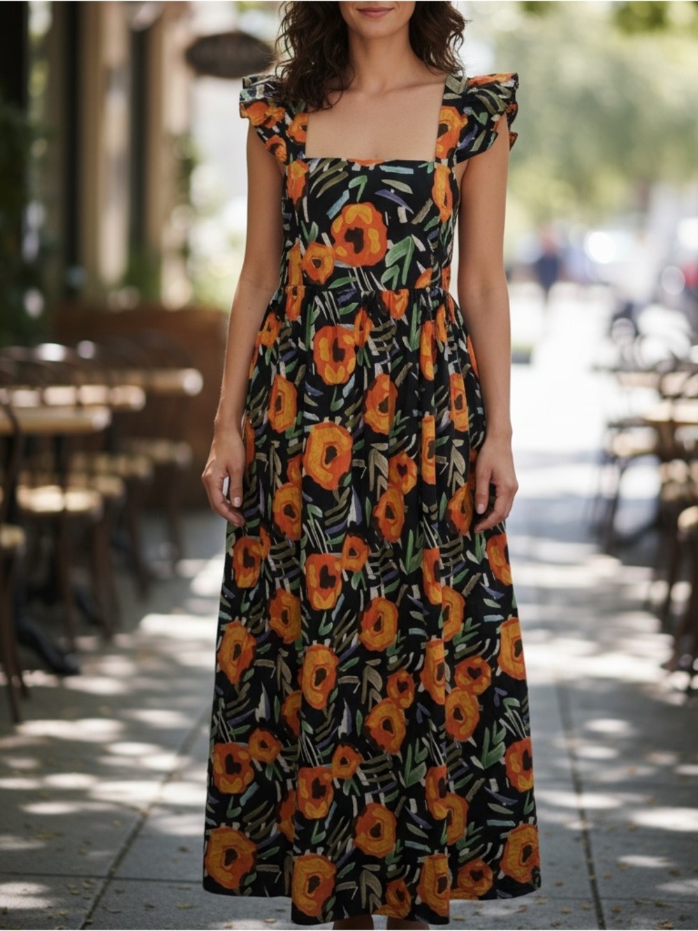 Easel Orange Floral Poplin Maxi Dress